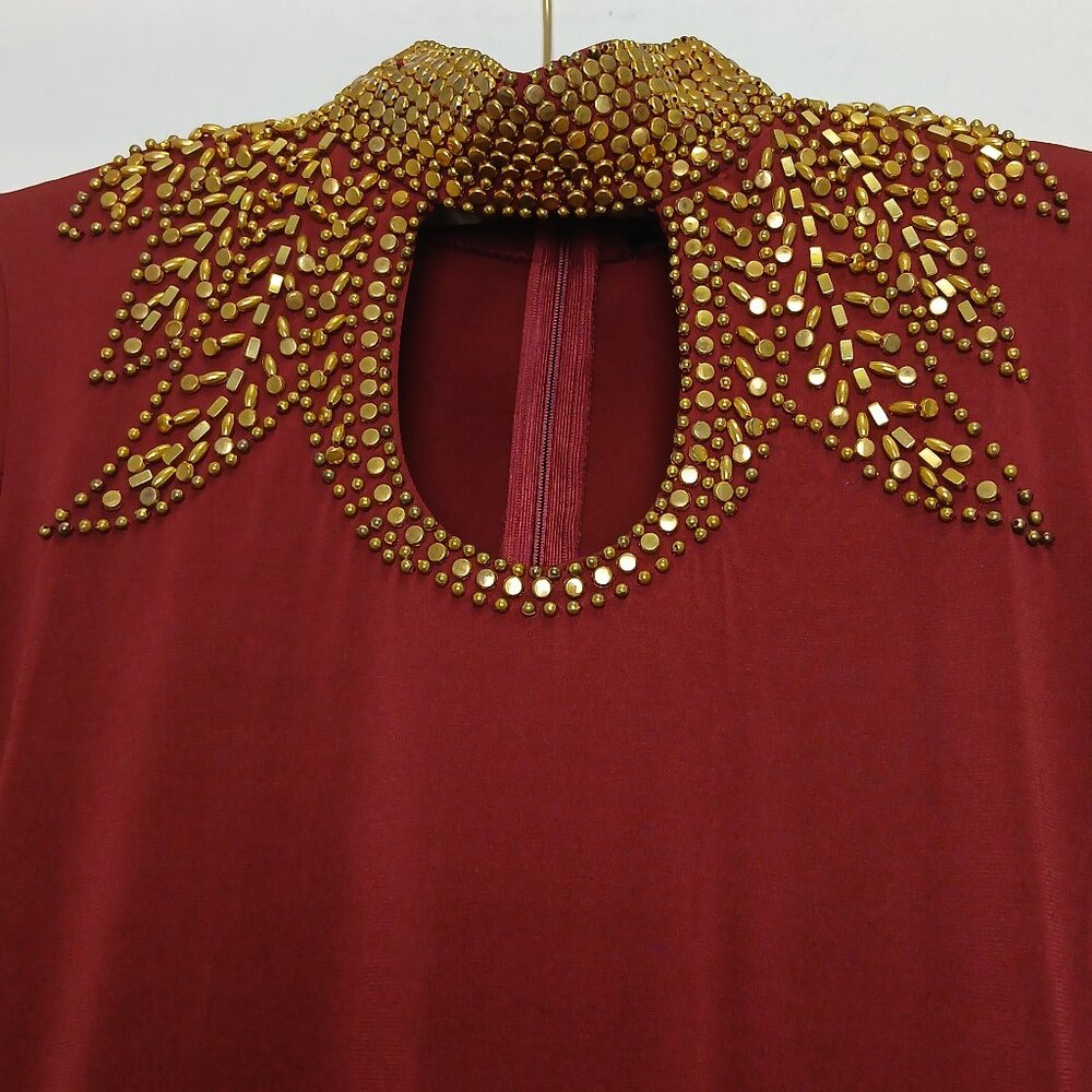 Elegant Burgundy Gold Studded High Neck Bodycon Midi Dress Sz M